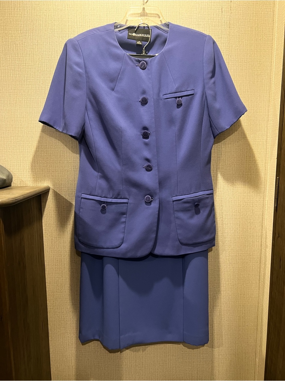 Sag Harbor Purple Skirt Suit Set Size 10 Short Sleeve Blazer Career Church